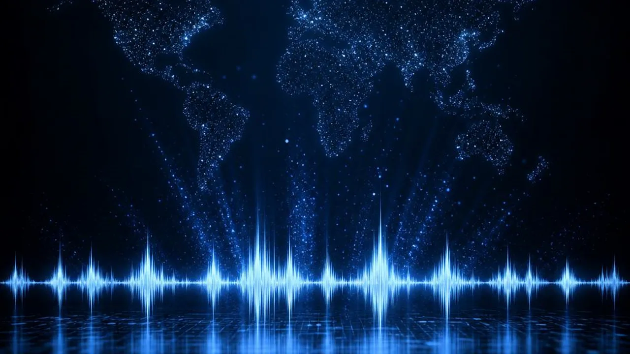 Electric blue audio waveform scattering into a constellation of glowing dots on dark glass