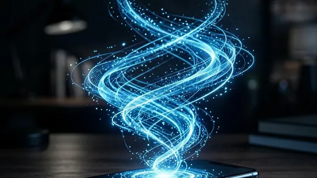 A smartphone on a desk emitting a glowing spiral of abstract sound waves