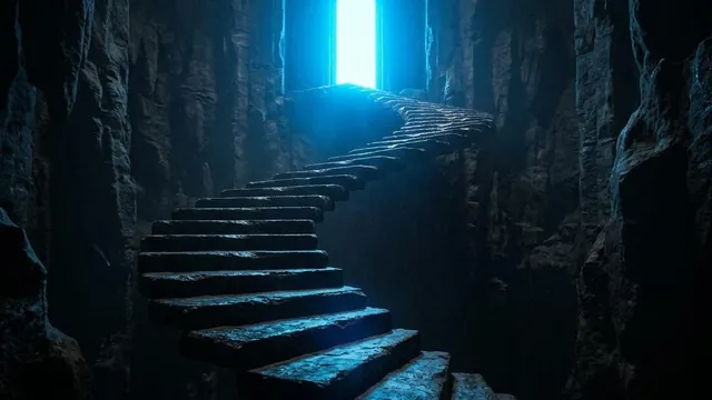 Floating stone steps ascending toward a bright doorway of light