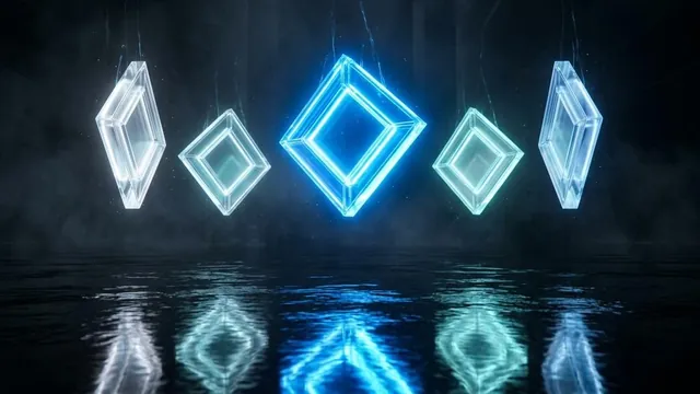 Five floating glass tiles above a dark surface, one glowing brightest in blue