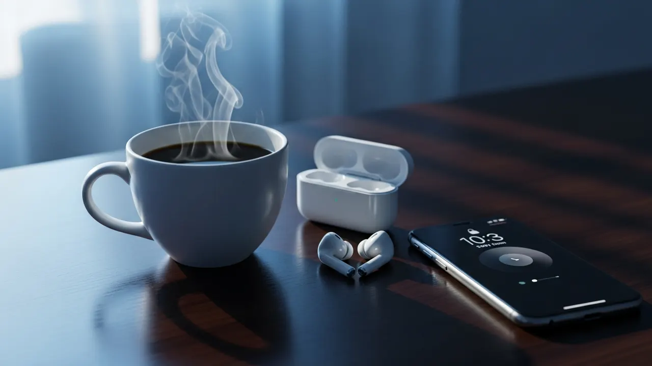 Morning desk with coffee, earbuds and a smartphone in soft dawn light