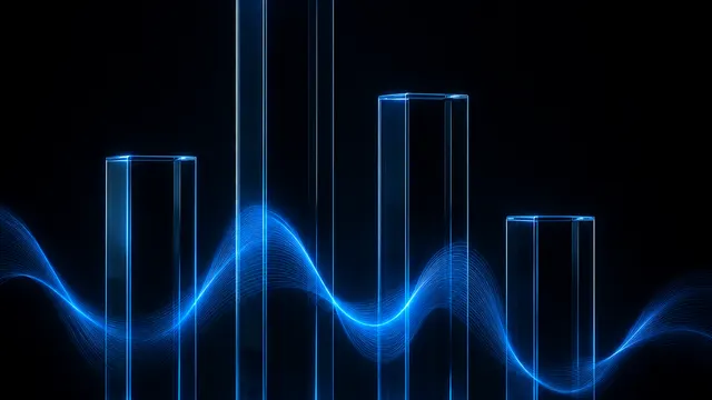 Four glowing glass pillars of different heights with a blue sound wave across them