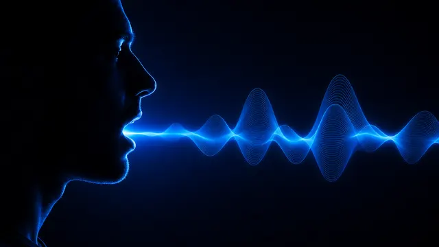 A continuous blue sound wave flowing from a speaker's profile in the dark