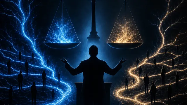 A speaker silhouette between two glowing balance scales and branching paths of light