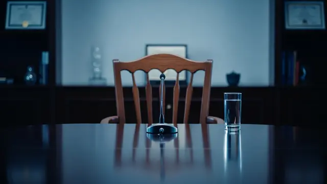 A formal interview table with a microphone and a glass of water