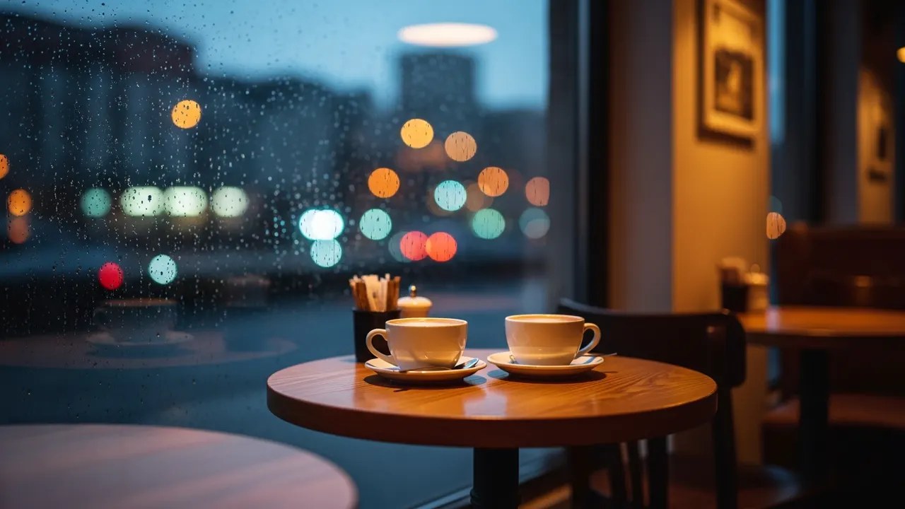 Two coffee cups by a rain-speckled cafe window at dusk