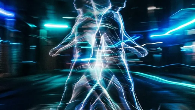 Two overlapping translucent silhouettes walking in step with light trails