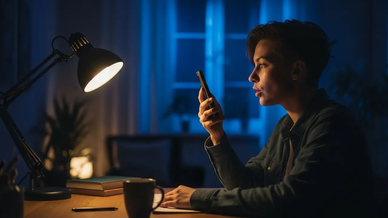 A learner practicing English speaking alone at night with a smartphone