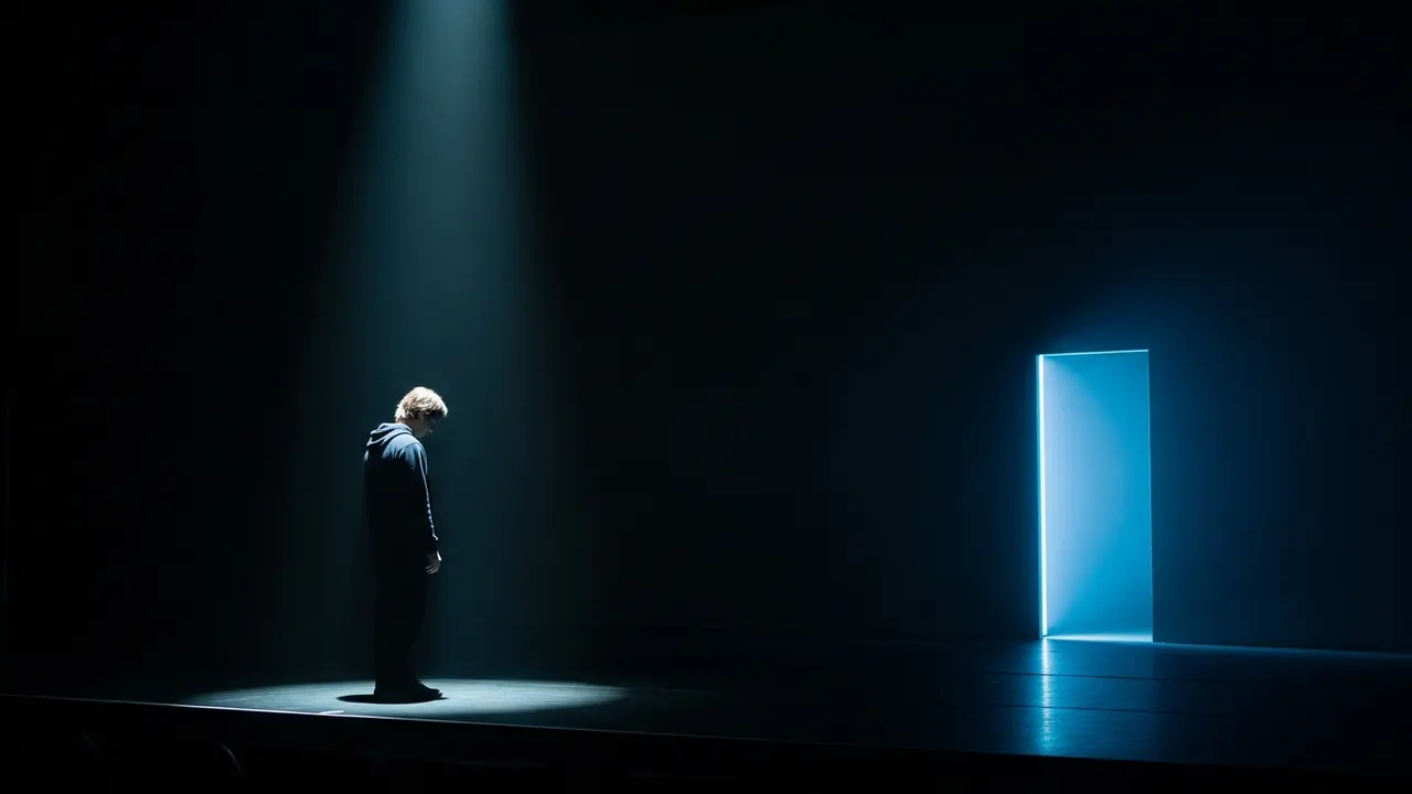 A person stepping from darkness toward a doorway of light