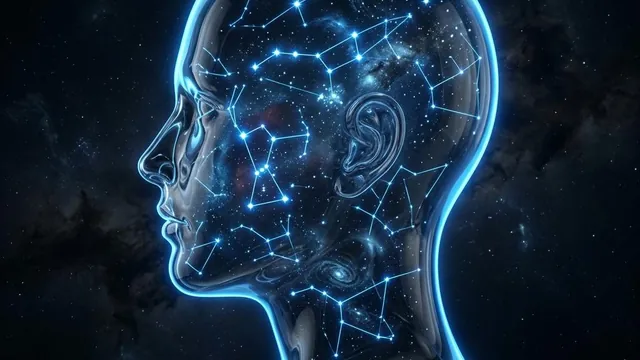 A glass silhouette of a head with glowing constellation lines inside
