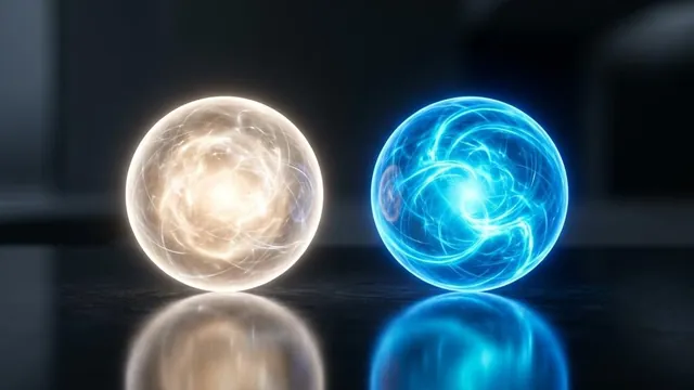 Two glowing orbs side by side on a dark reflective surface