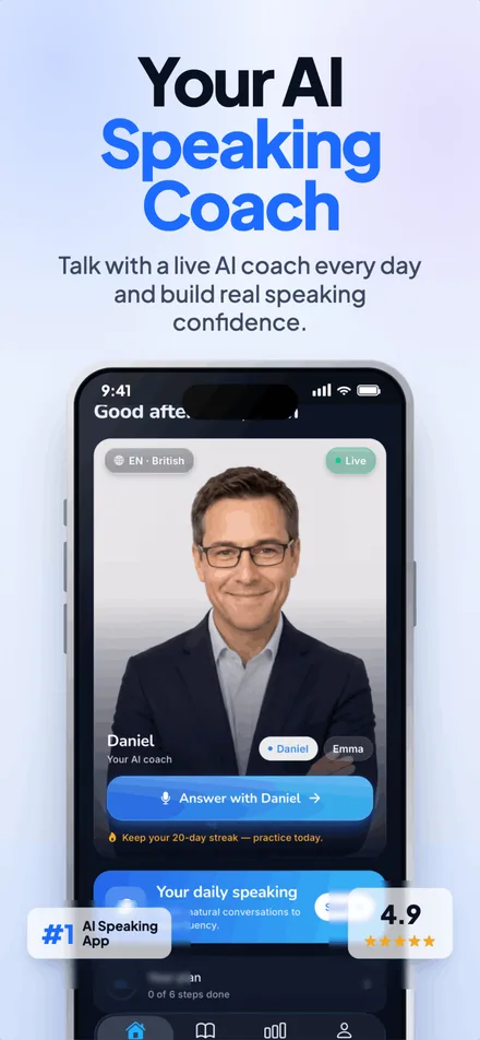 WitSpeak app na nagpapakita ng AI English speaking practice session