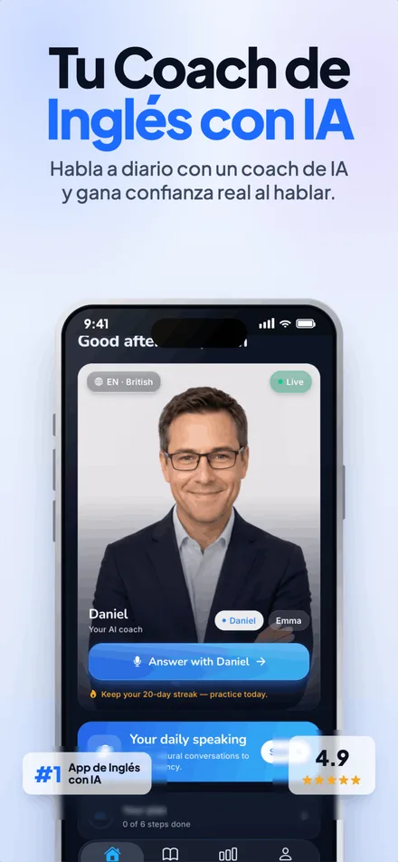 App WitSpeak mostrando una sesión de práctica de inglés hablado con IA