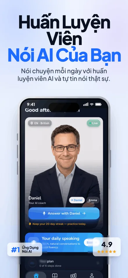 Ứng dụng WitSpeak hiển thị một phiên luyện nói tiếng Anh với AI
