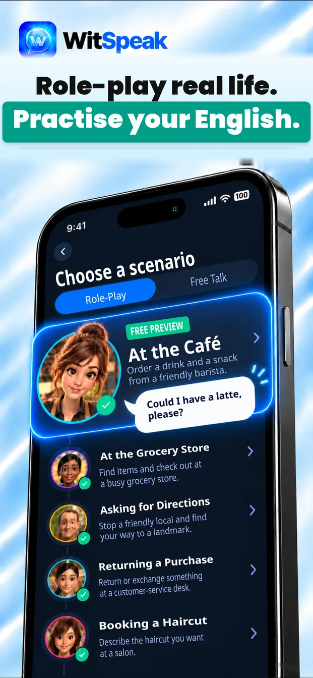 WitSpeak Roleplay screen for practicing a real-life speaking scenario