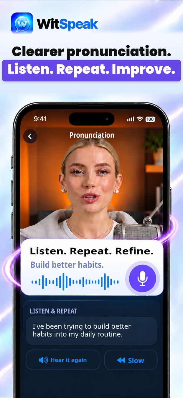 WitSpeak pronunciation practice showing Shadowing and a pronunciation score