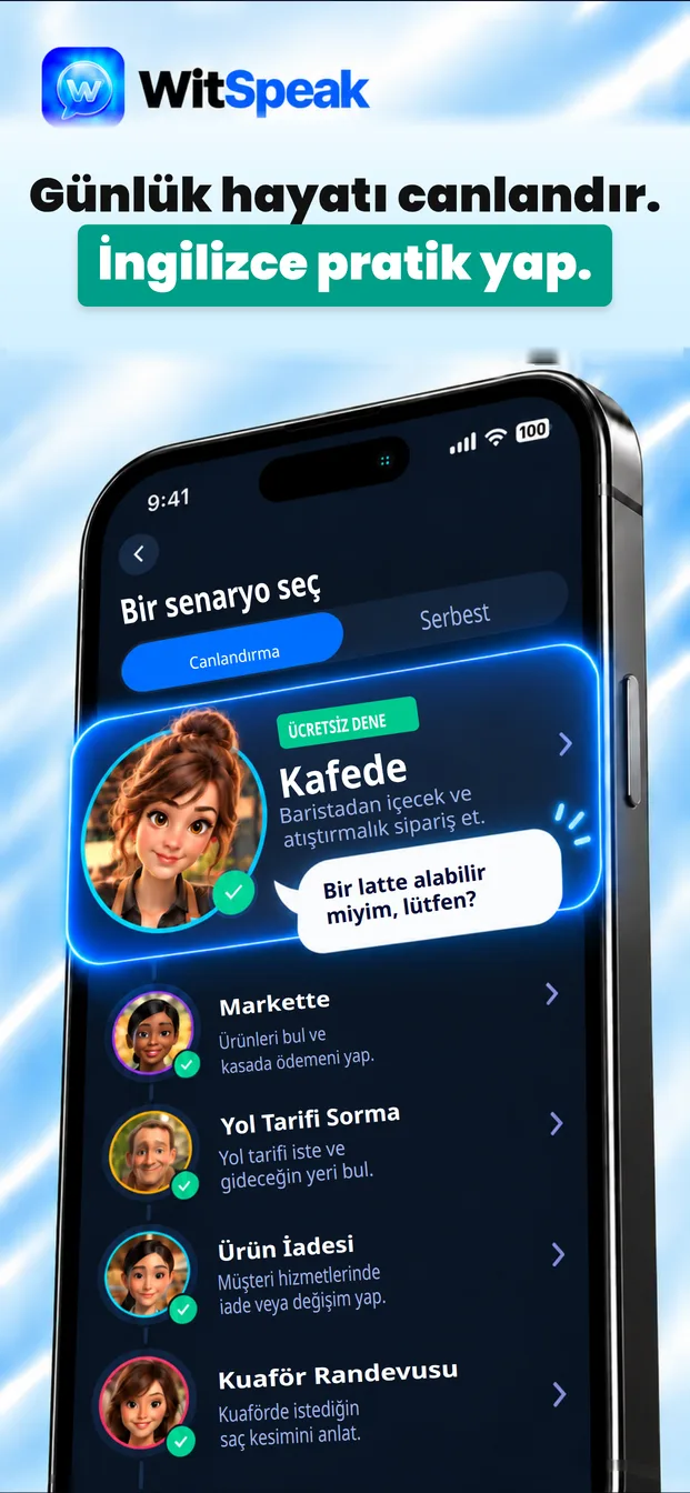 WitSpeak'te iş senaryosunda yapay zekâ koçuyla sesli canlandırma ekranı