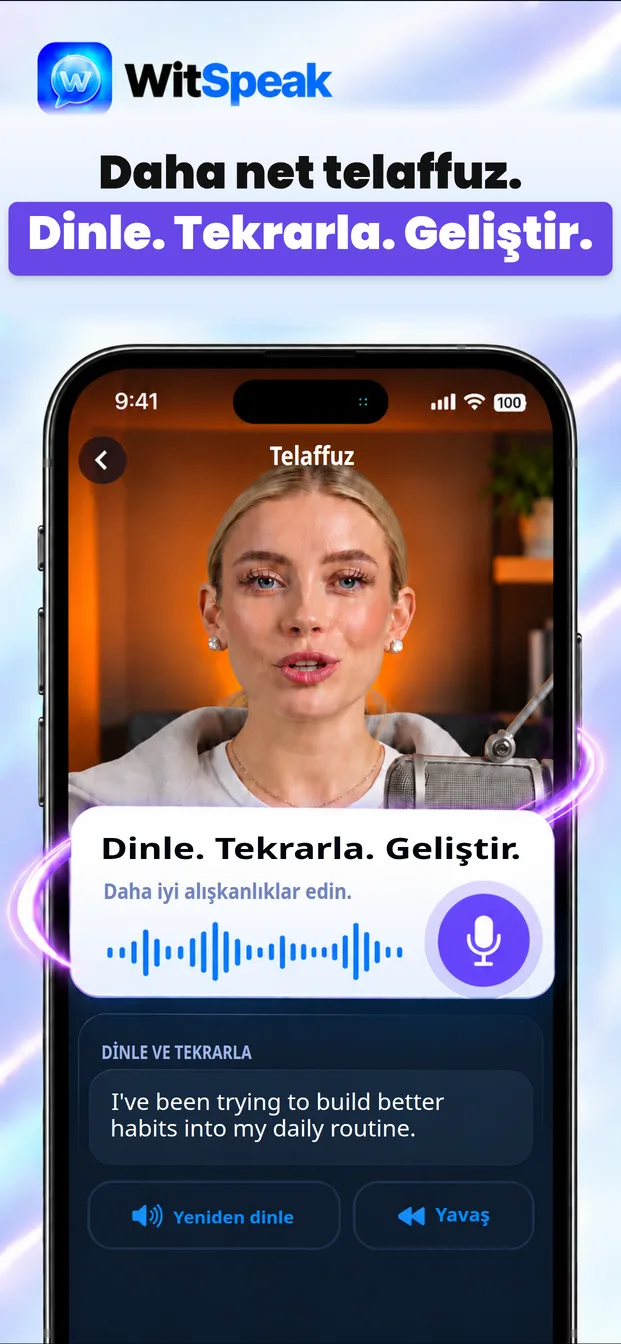 Shadowing ve telaffuz puanını gösteren WitSpeak telaffuz pratiği ekranı