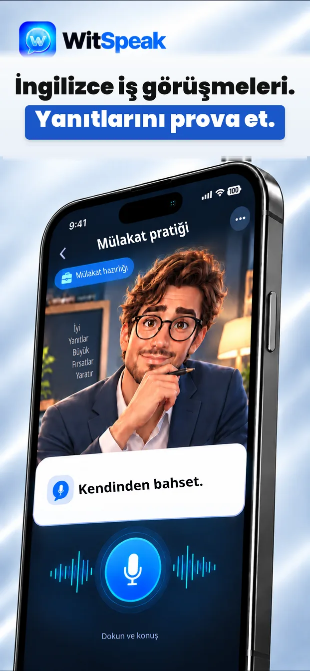 WitSpeak'te yapay zekâ mülakatçıyla iş görüşmesi pratiği ekranı